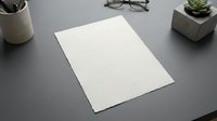 Blank white paper sheet on dark desk with office supplies and succulent plant for business presentations and creative projects.