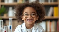 Young girl with curly brown hair and glasses wearing white lab coat smiles in library setting with bookshelves. Suitable for education, science, learning, and STEM concepts.