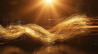Golden light trails flowing in elegant waves against dark background with bright sunburst creating dynamic energy and movement for technology concepts.