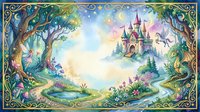 Enchanted fairy tale landscape with magical castle, ancient trees, and ornate border frame for fantasy storytelling and children's book illustration.