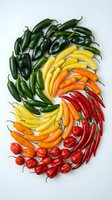 Colorful chili peppers arranged in spiral pattern from green to red showing heat levels and spice varieties for cooking and culinary applications.