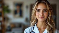 Young blonde Caucasian female doctor in white coat with stethoscope smiling confidently in modern medical office setting for healthcare marketing materials.