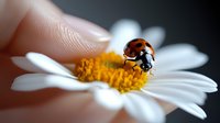 Red ladybug crawling on white daisy petal with yellow center, macro photography showing delicate details in soft natural lighting. Suitable for nature and garden themes.
