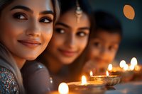 Young South Asian women in traditional attire celebrating Diwali festival with glowing oil lamps, smiling faces illuminated by warm candlelight in evening atmosphere.