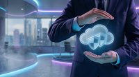 Business professional protecting cloud computing data with hands in modern office environment showcasing digital transformation and cybersecurity solutions.
