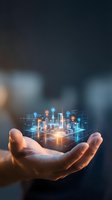 Hand holding holographic smart city with glowing digital network connections and data visualization for technology and urban planning concepts.