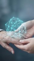 Close-up of adult and child hands holding glowing turquoise digital network sphere, representing data connection, technology transfer, and knowledge sharing between generations for business and education concepts.