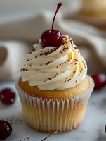 Vanilla cupcake with swirled cream frosting topped with fresh cherry and red velvet crumbs for bakery dessert menu and celebration treats.