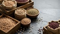 Assorted legumes and pulses including chickpeas, lentils, and beans displayed in wooden bowls and containers on a gray surface for cooking and nutrition.