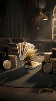 Poker cards and casino chips on dark table in atmospheric lighting for gambling and entertainment industry marketing materials.