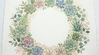 Watercolor succulent wreath with ferns and eucalyptus leaves on white background. Botanical frame for wedding invitations, greeting cards and decorative designs.