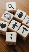 Wooden cubes with black icons representing mental health concepts including brain, hand, heart, lightbulb and medical symbols on wood surface.