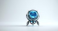 Futuristic robot sphere with glowing blue brain core and metallic legs on white background, isolated for design use on merchandise, web graphics, and digital applications.