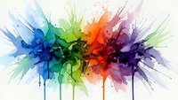 Vibrant rainbow watercolor splash with paint drips and splatters on white background for creative design projects and artistic compositions.