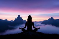 Woman meditating in lotus position on mountain summit at sunrise, silhouetted against purple sky and misty peaks, practicing mindfulness and yoga outdoors.