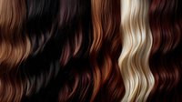 Flowing wavy hair strands in various natural colors from black to blonde creating textured pattern for beauty salon and haircare design concepts.