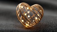 Golden wireframe heart with glowing lights on dark textured surface for romantic designs, Valentine's Day projects, love concepts, and luxury branding materials.