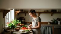 Young woman preparing fresh salad in rustic kitchen with herbs and vegetables. Home cooking and healthy eating lifestyle concept for culinary content.