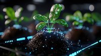 Glowing green plant sprout emerging from soil against dark background with futuristic light effects, representing growth, innovation and biotechnology concept.