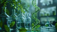 Laboratory glassware with liquid samples and green glowing DNA helix structure in modern research facility, surrounded by fresh leaves and scientific equipment.