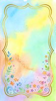 Watercolor rainbow background with gold ornate frame, fish, birds, flowers and swirls. Pastel vertical card template for invitations or greetings.