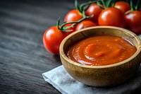 Fresh homemade tomato sauce in wooden bowl with ripe cherry tomatoes on dark wooden background. Traditional Mediterranean cuisine preparation.