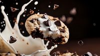 Chocolate chip cookie with milk splash and flying chocolate pieces on dark background, dramatic food photography for bakery advertising and menu design.