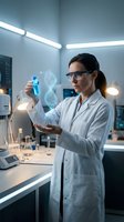 Female scientist examining blue liquid sample with holographic DNA helix projection in modern laboratory wearing safety glasses and white coat.