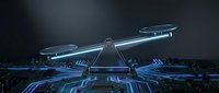 Futuristic balance scale with glowing blue circuit patterns on dark background representing justice, law, technology integration and digital transformation.