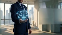 Professional businessman holding glowing digital justice scales hologram in modern office representing legal technology and law firm innovation.