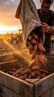 Smiling male farmer pouring fresh sweet potatoes from burlap sack into wooden crate at golden sunset harvest on farm field.
