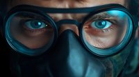 Close up portrait showing intense blue eyes through round glasses with dark frames against shadowy background, creating mysterious dramatic mood.