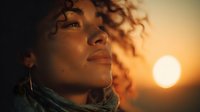 Young African American woman with curly hair looking up thoughtfully during golden hour sunset with warm lighting and peaceful expression.