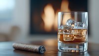 Glass of whiskey with ice cubes on wooden table next to premium cigar against blurred warm background, luxury lifestyle and relaxation concept.