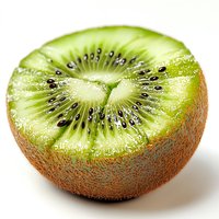 Fresh ripe kiwi fruit cut in half showing juicy green flesh and black seeds on white background, macro close up view for food photography and packaging design.