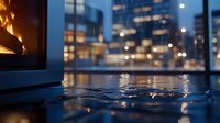 Raindrops on dark reflective surface with blurred city lights and modern buildings in background creating atmospheric moody evening scene with bokeh effect.