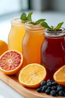 Fresh fruit juices in mason jars with blood orange, regular orange and blueberry varieties, garnished with mint leaves, served on wooden board with fresh fruit.