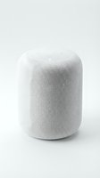 White cylindrical smart speaker with fabric mesh design and touch-sensitive top controls, ideal for home automation, technology marketing, and product photography.