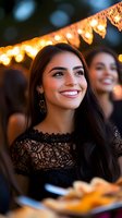 Young woman with radiant smile at evening outdoor celebration with decorative string lights and festive bunting creating warm ambiance. Perfect for lifestyle content.