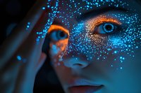 Glowing neon blue sparkles scattered across face in dark atmosphere create magical beauty portrait with dramatic lighting and mysterious gaze.