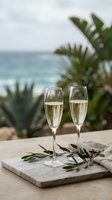 Two champagne flutes filled with sparkling wine on marble tray with olive branch, tropical ocean view background for luxury vacation celebration.