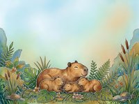 Watercolor capybara family with babies resting in tropical jungle foliage with soft pastel sky background for children's book illustration and nursery decor.