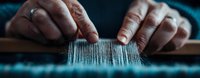 Close-up panoramic view of artisan hands combing through textile fibers on traditional wooden loom, showing detailed weaving process against dark background.