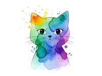 Watercolor cat portrait with vibrant rainbow colors and paint splatters on white background, artistic pet illustration for creative projects.