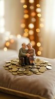 Elderly couple figurines sitting on golden coins with warm bokeh lights background representing retirement savings and financial security planning.