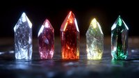 Glowing crystal points in various colors illuminate dark background, creating mystical atmosphere. Magical gemstones display white, pink, red, yellow and green ethereal light.
