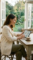 Professional businesswoman analyzing financial data on tablet while working from home office with coffee and natural lighting through open windows.