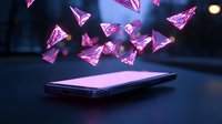 Glowing pink geometric crystals floating above smartphone screen in dark room with bokeh lights, creating magical digital transformation concept.