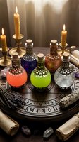 Colorful glowing magic potion bottles with ornate metal caps on a runic wooden altar, surrounded by candles, crystals, and herbs in a mystical setting.