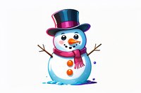 Cheerful snowman wearing top hat and pink scarf, with carrot nose and stick arms on white background, winter holiday character design for seasonal decorations.